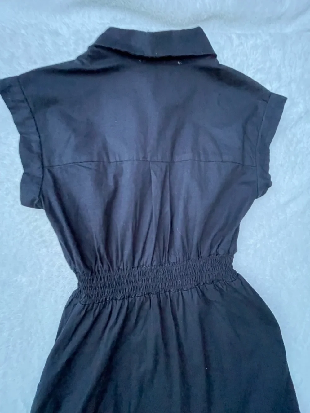 Black Button-Front Shirtdress with Smocked Waist‎